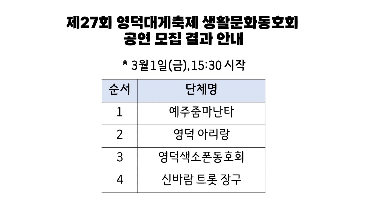 📣[제27회 영덕대게축제] 생활문화동호회 공연 모집 결과 안내!🎵1