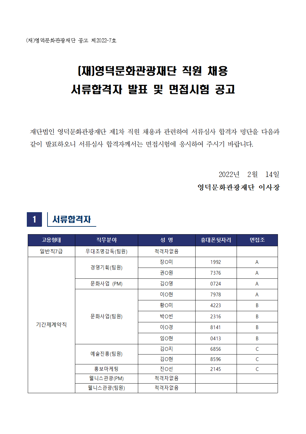 2022 제1차 영덕문화관광재단 직원 채용 서류합격발표 및 면접 공고1