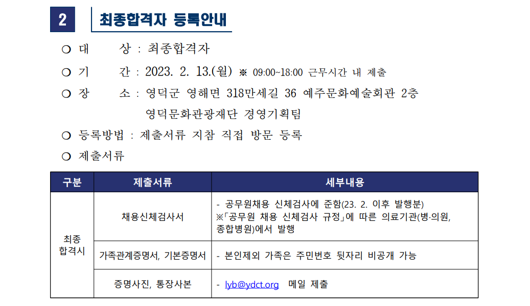 재단법인 영덕문화관광재단 직원 채용 최종합격자 공고(예술진흥팀)2