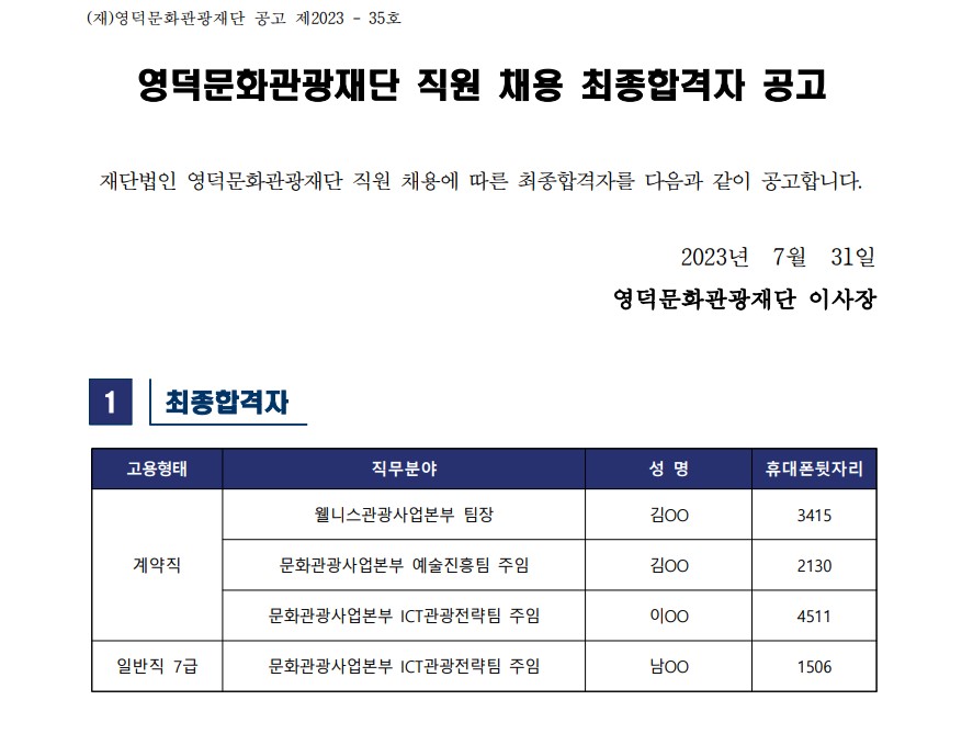 2023년 재단법인 영덕문화관광재단 제6차 직원 채용 최종합격자 공고1