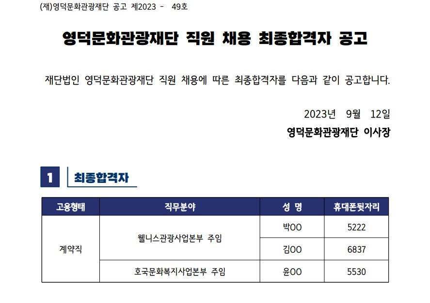 2023년 재단법인 영덕문화관광재단 제7차 직원 채용 최종합격자 공고1