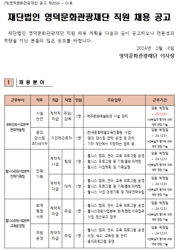 2024년 재단법인 영덕문화관광재단 제1차 직원 채용 공고1