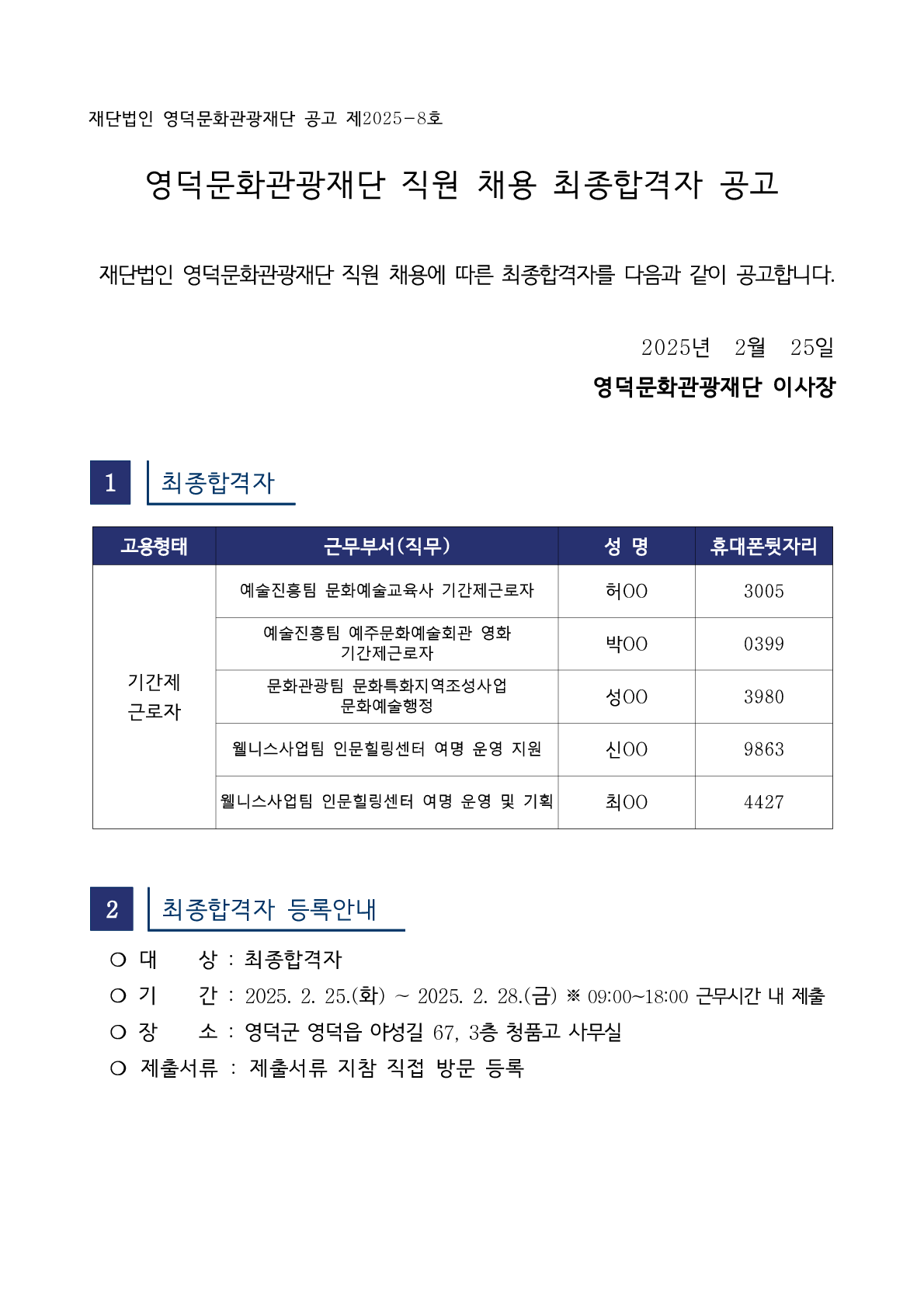 2025년 재단법인 영덕문화관광재단 제1차 직원 채용 최종합격자 공고1