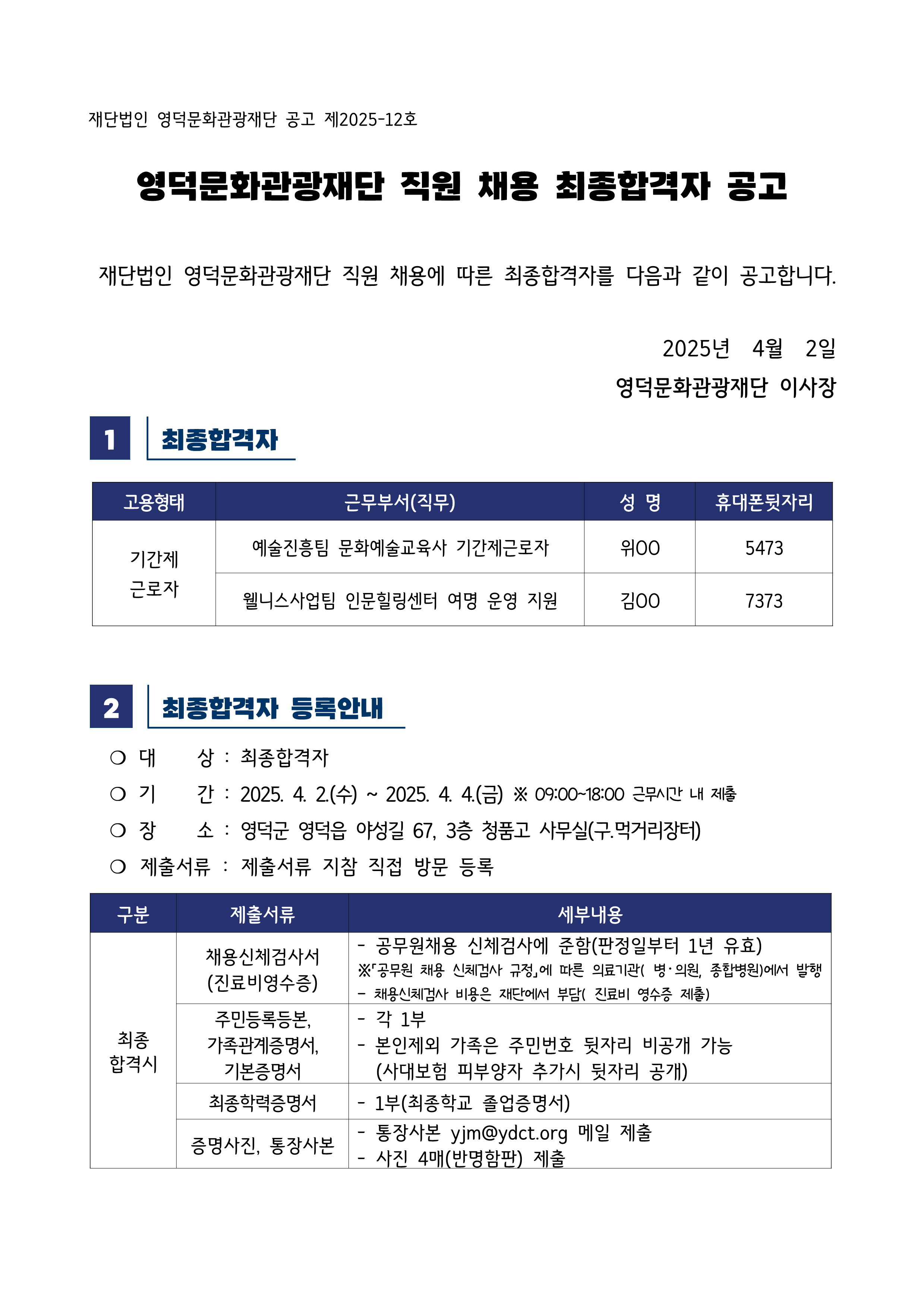 2025년 재단법인 영덕문화관광재단 제1차 직원 채용 재공고 최종합격자 공고1
