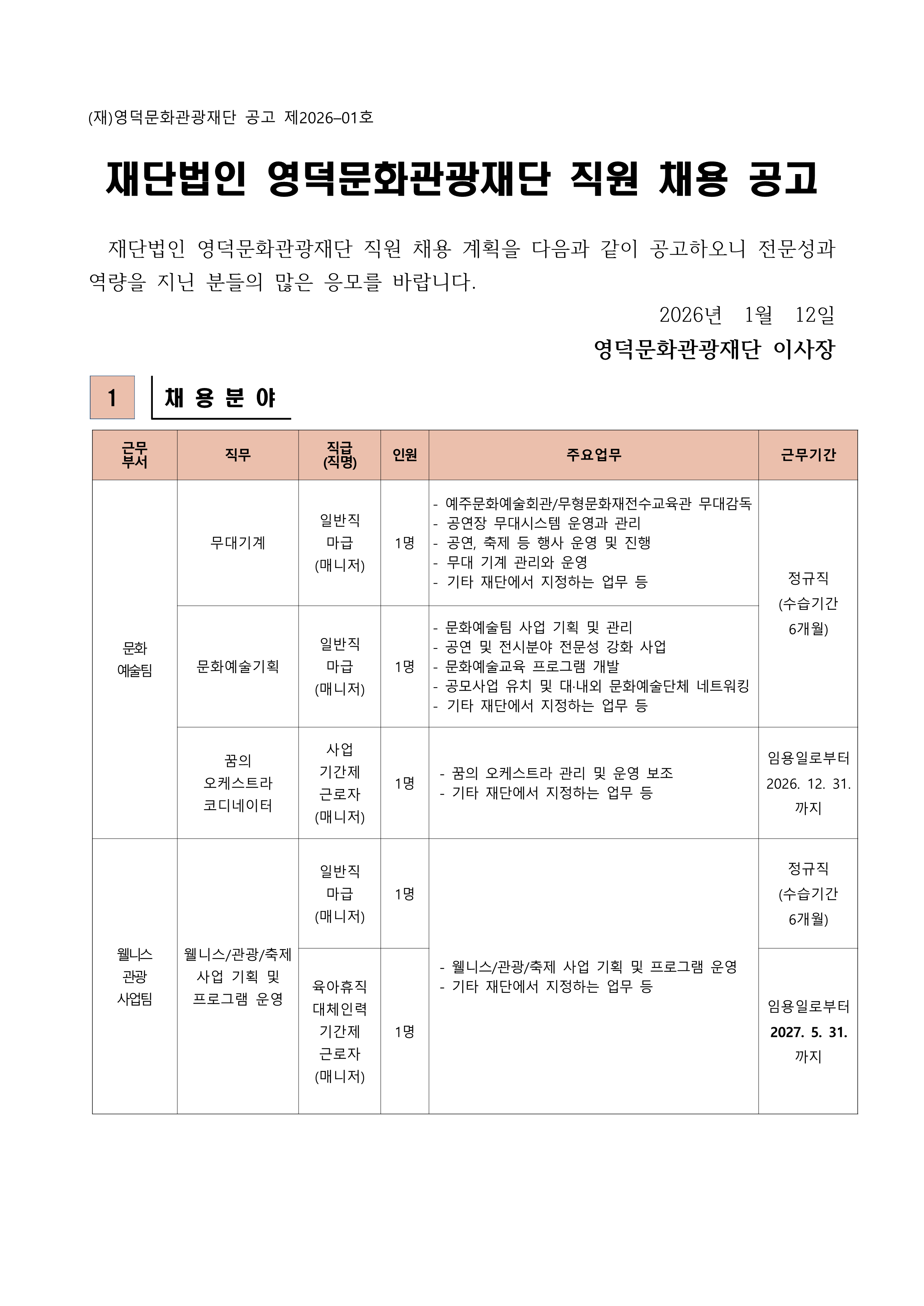 2026년 재단법인 영덕문화관광재단 제1차 직원 채용 공고1