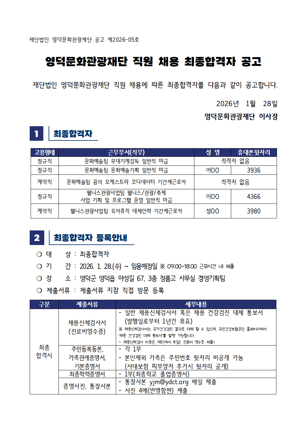 2026년 재단법인 영덕문화관광재단 제1차 직원 채용 공고 최종합격자 공고1