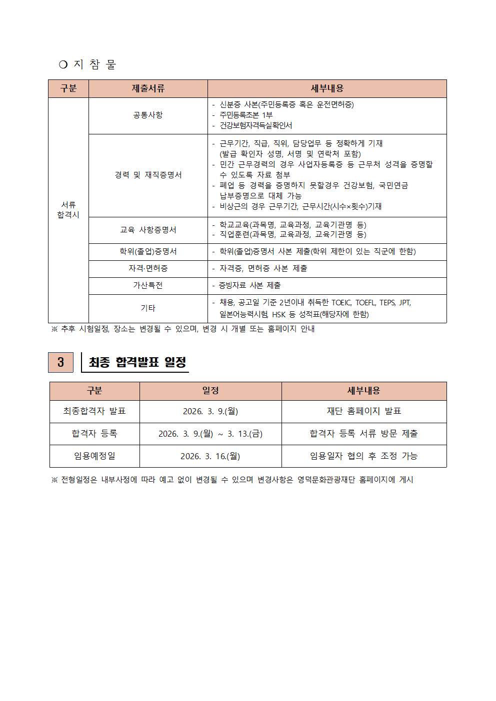 2026년 재단법인 영덕문화관광재단 제2차 직원 채용 재공고 서류합격자 발표 및 면접시험 공고2
