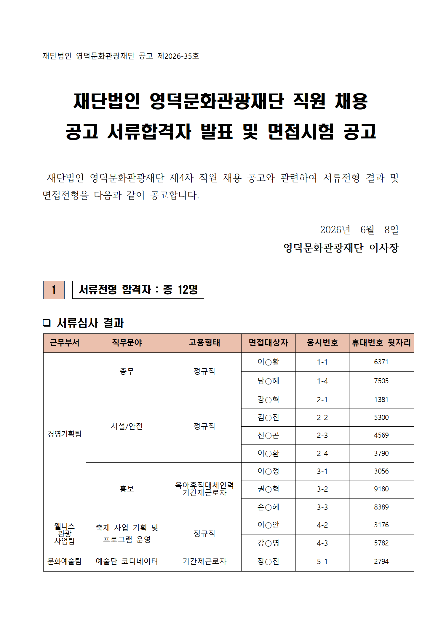 2026년 재단법인 영덕문화관광재단 제4차 직원 채용 공고 서류합격자 발표 및 면접시험 공고1
